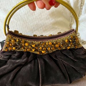 Brown velvet-beaded evening bag